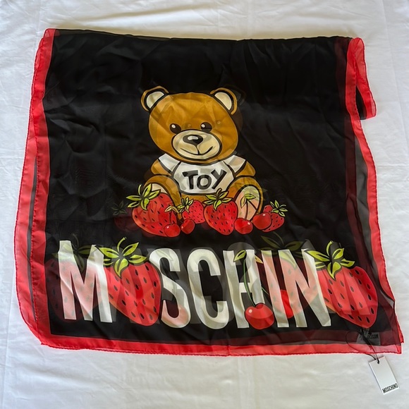 Moschino Silk Bear Strawberry Scarf 70”x180” Red and Black - Picture 3 of 7